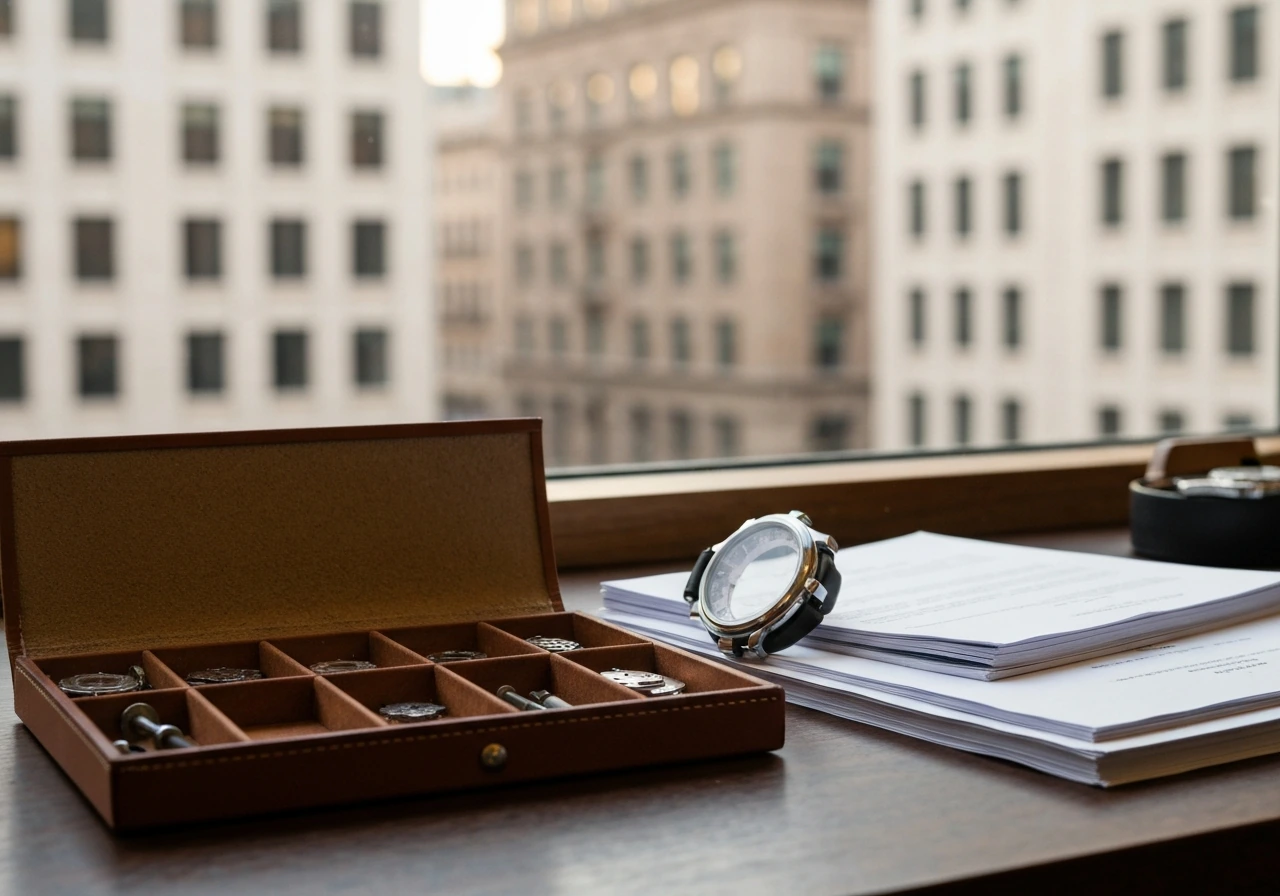 Minimal luxury finance scene with watchmaker workshop details and scattered business documents, symbolizing wealth break