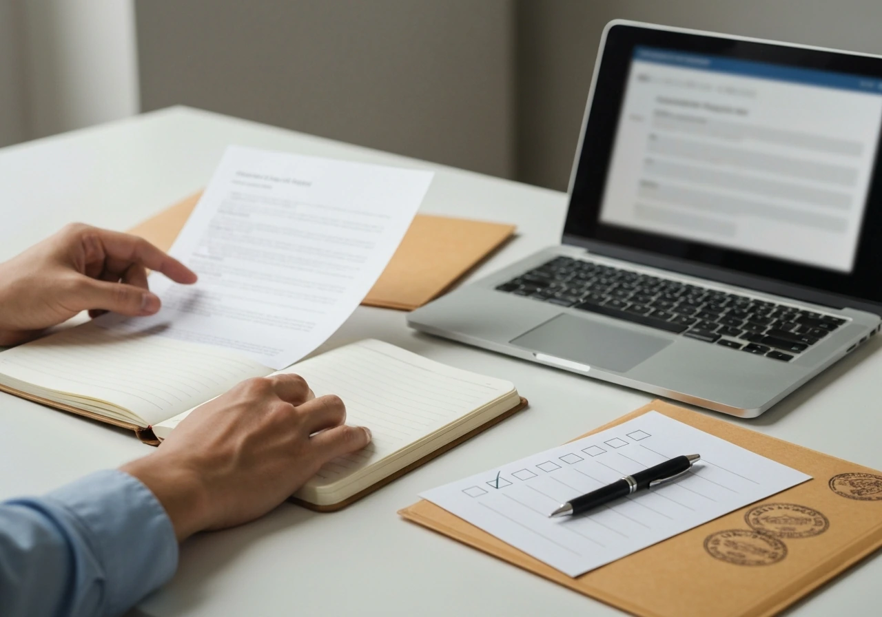 Person reviewing Swiss corporate registry documents with a checklist and notebook on a desk