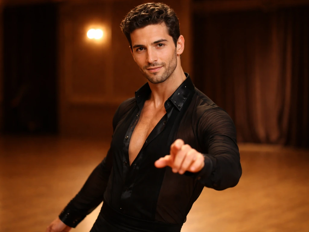 French male ballroom dancer in a classic ballroom setting with warm stage lights