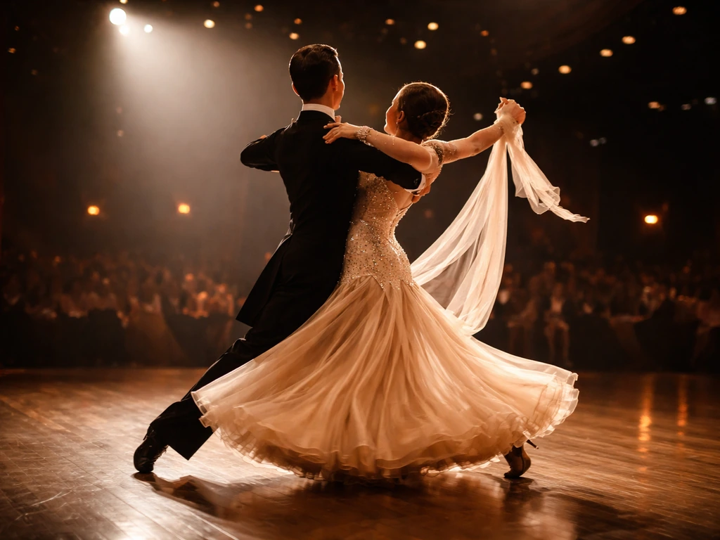 Anonymous ballroom dancer performing under warm theater spotlights, evoking a TV dance show.