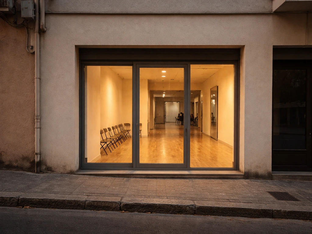 Ajaccio dance studio exterior entrance with warm light and a quiet street feel