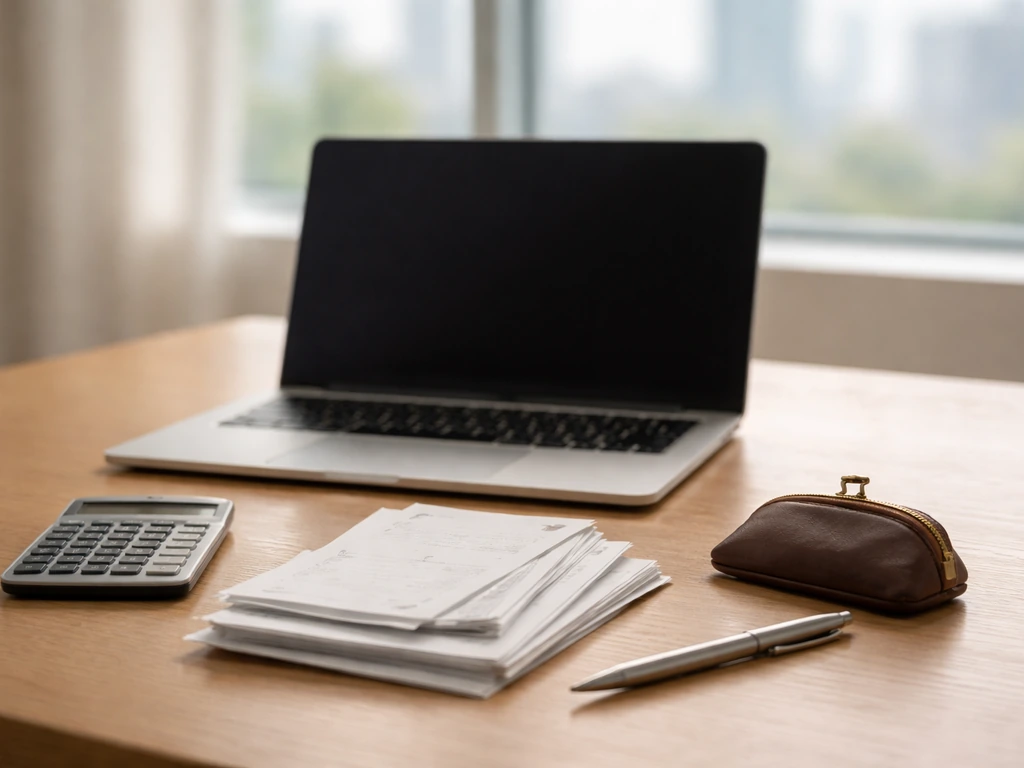 Minimal desk scene with laptop, calculator, and scattered receipts suggesting net-worth estimate assembly.
