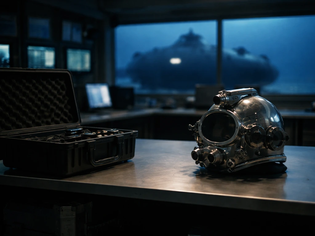 Deep-sea explorer scene: diving helmet on a research bench with ocean light through a window.
