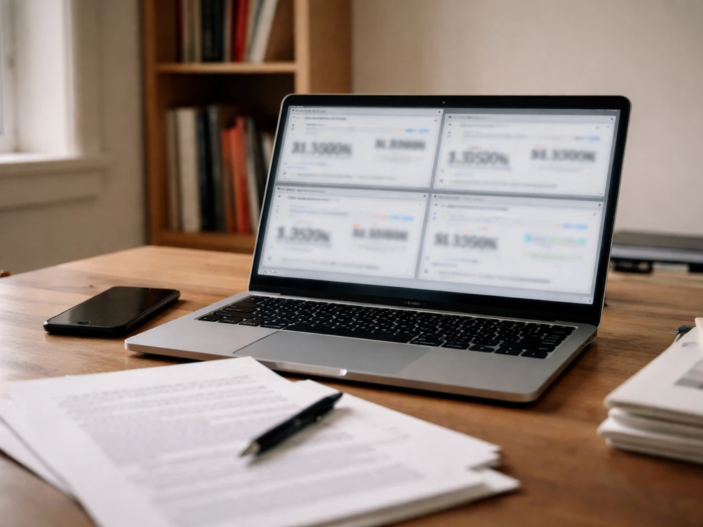 Blurry desk scene with laptop and multiple financial pages showing mismatched, unreadable net worth figures.