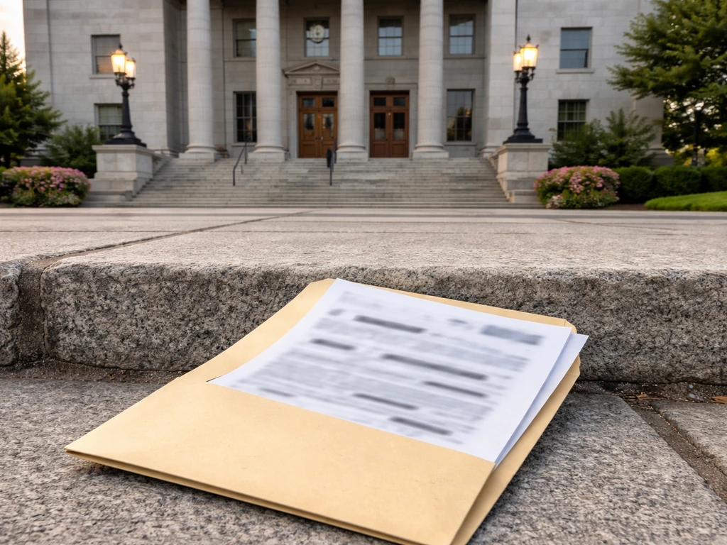 Courthouse exterior in Dutchess County with a blurred redacted document folder on steps.