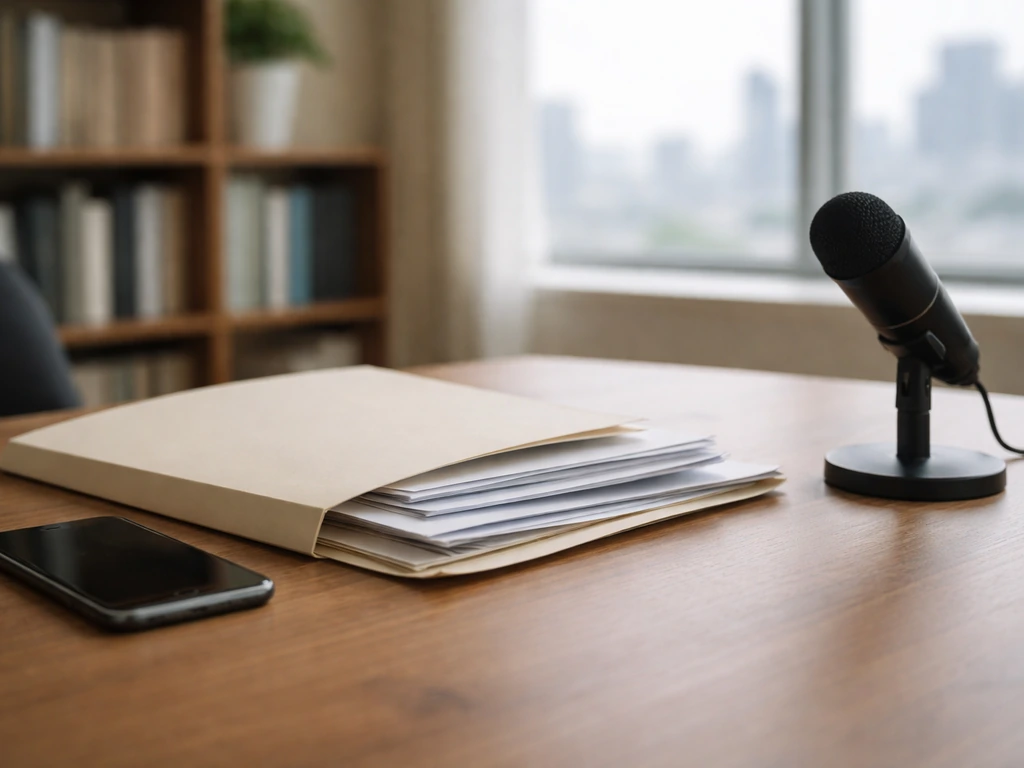 Minimal desk scene with smartphone, documents, and a microphone suggesting research into name mix-ups