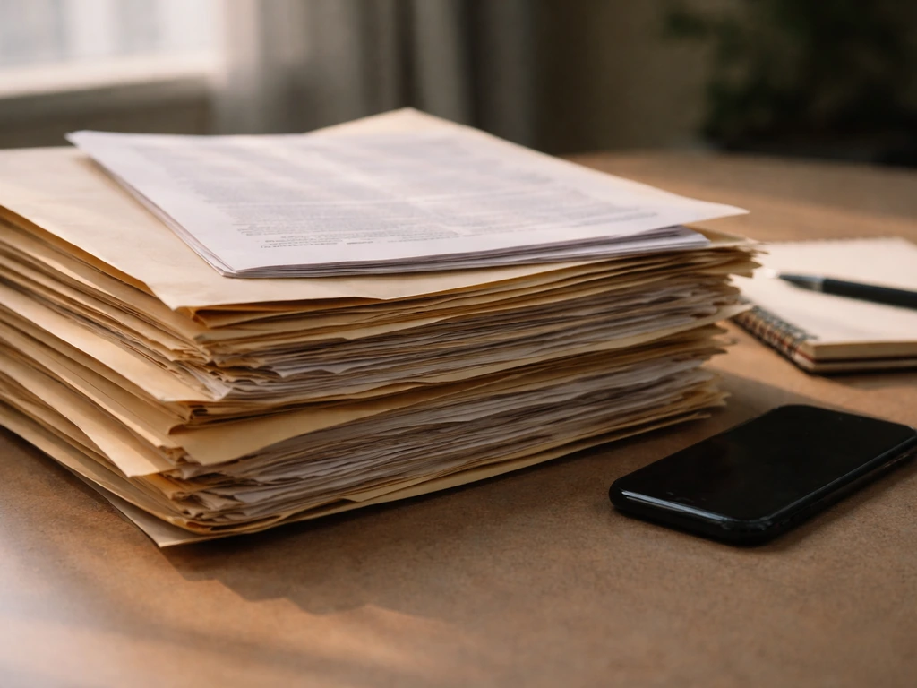 Close-up of legal-style documents and folders on a desk, suggesting public-record research for business and assets.