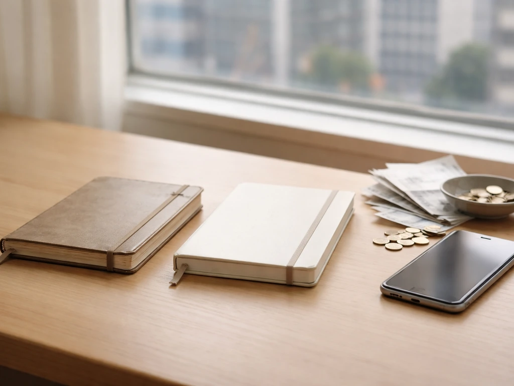 Minimal desk scene with receipts, coins, and two notepads beside a smartphone suggesting before/after net worth changes.