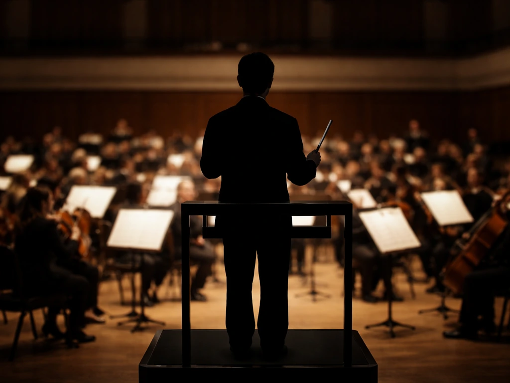 Minimal photo of a classical orchestra performance stage with a conductor silhouette and music hall lights