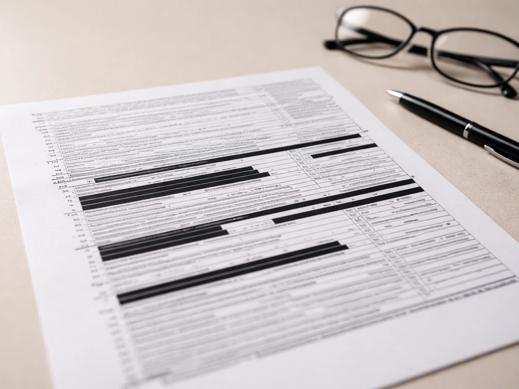 Close-up of a redacted tax form document on a desk with a pen and glasses nearby.