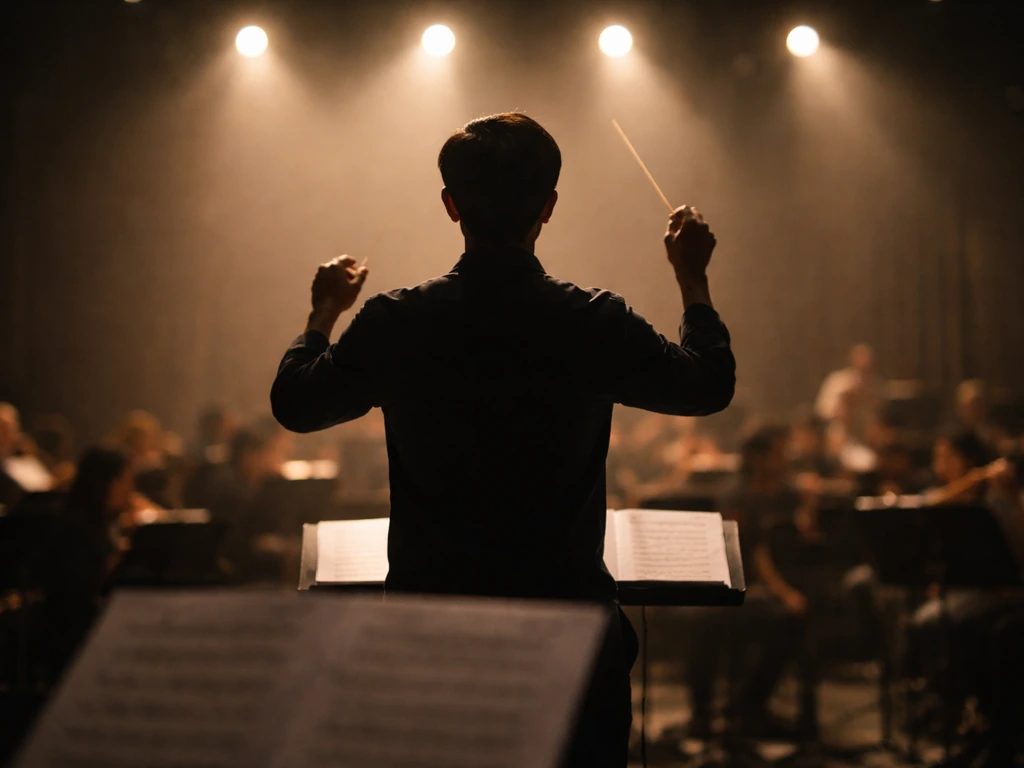 Anonymous conductor silhouette on a concert stage in rehearsal under soft spotlights, minimal scene.
