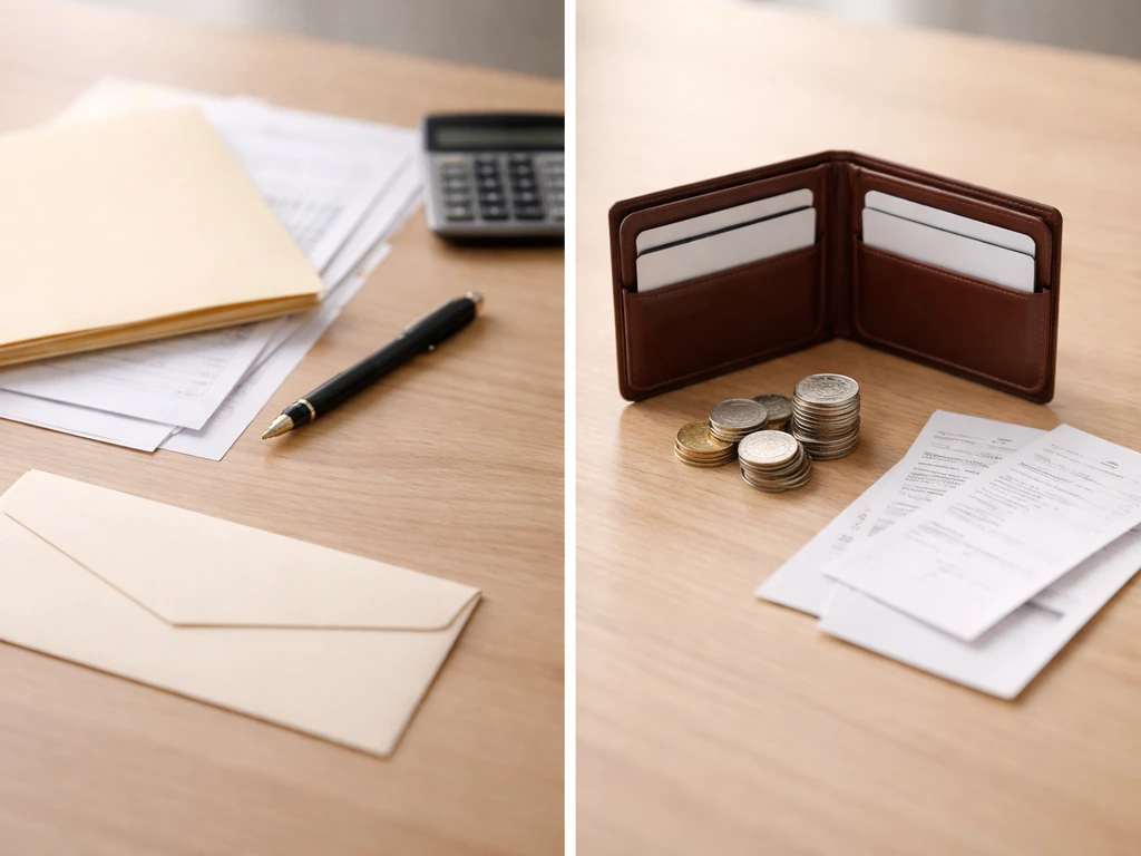 Minimal desk scene showing a split view: documents and a microphone beside a small wallet and envelope.