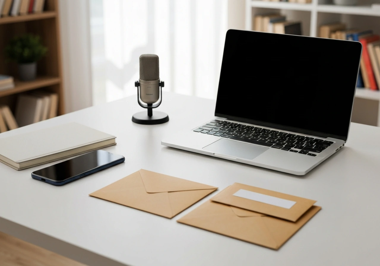 Minimal studio desk with microphone and two blank envelopes, symbolizing pseudonym vs real identity.