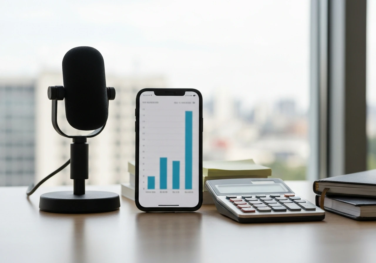 Minimal desk with microphone, calculator, and blurred phone analytics suggesting influencer net-worth calculation inputs