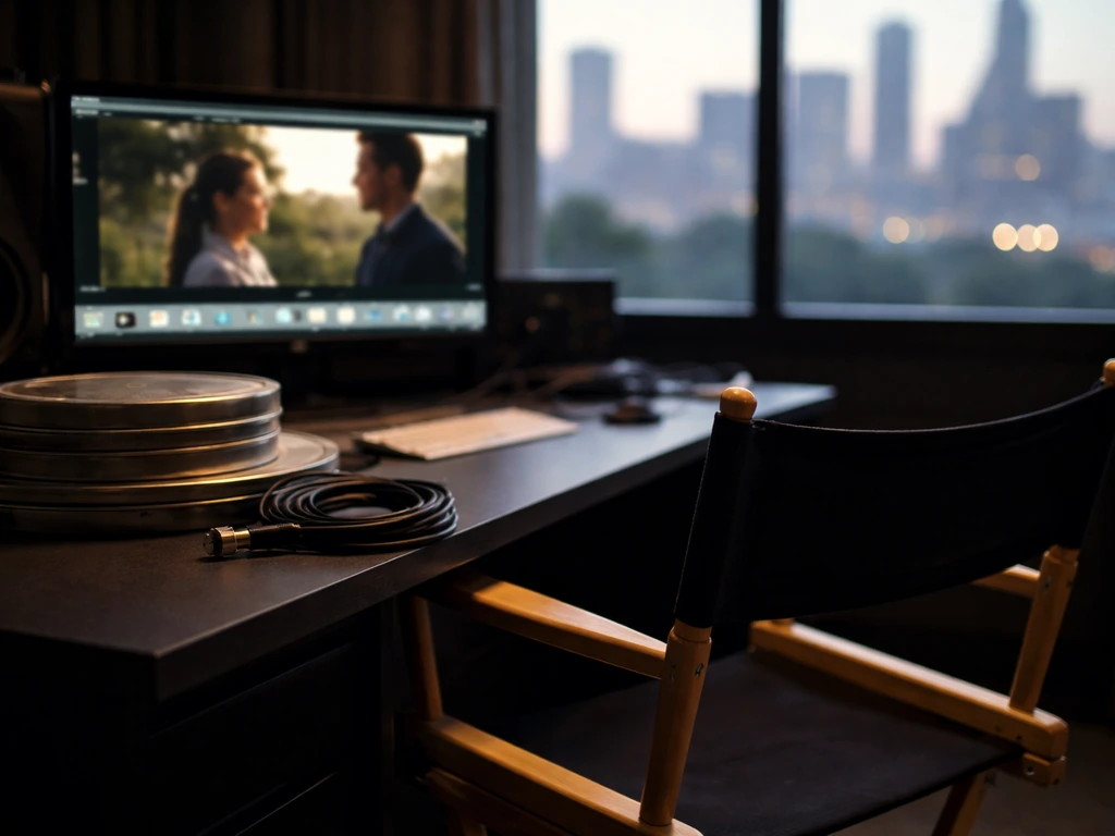 Quiet film editing suite with monitor glow, microphone cable, and film canisters on a desk.