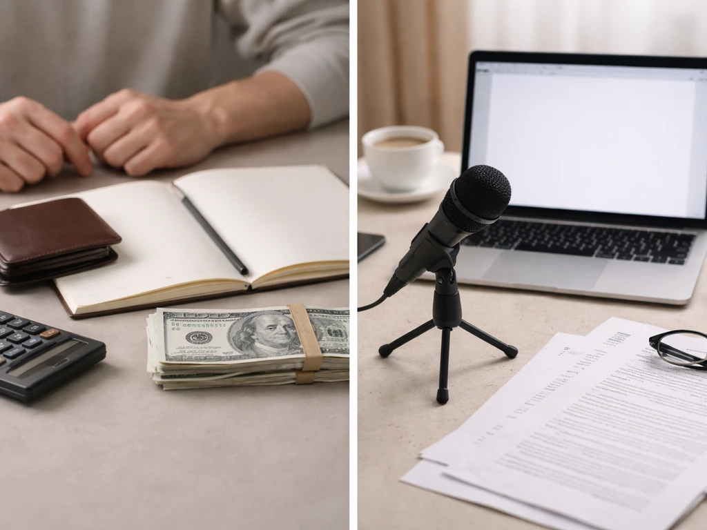 Minimal split desk photo with wallet/cash on one side and laptop/microphone on the other, no text.