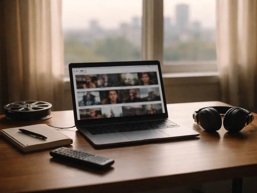Minimal media studio editing desk with laptop, film reel, and headphones, symbolizing career growth in film.
