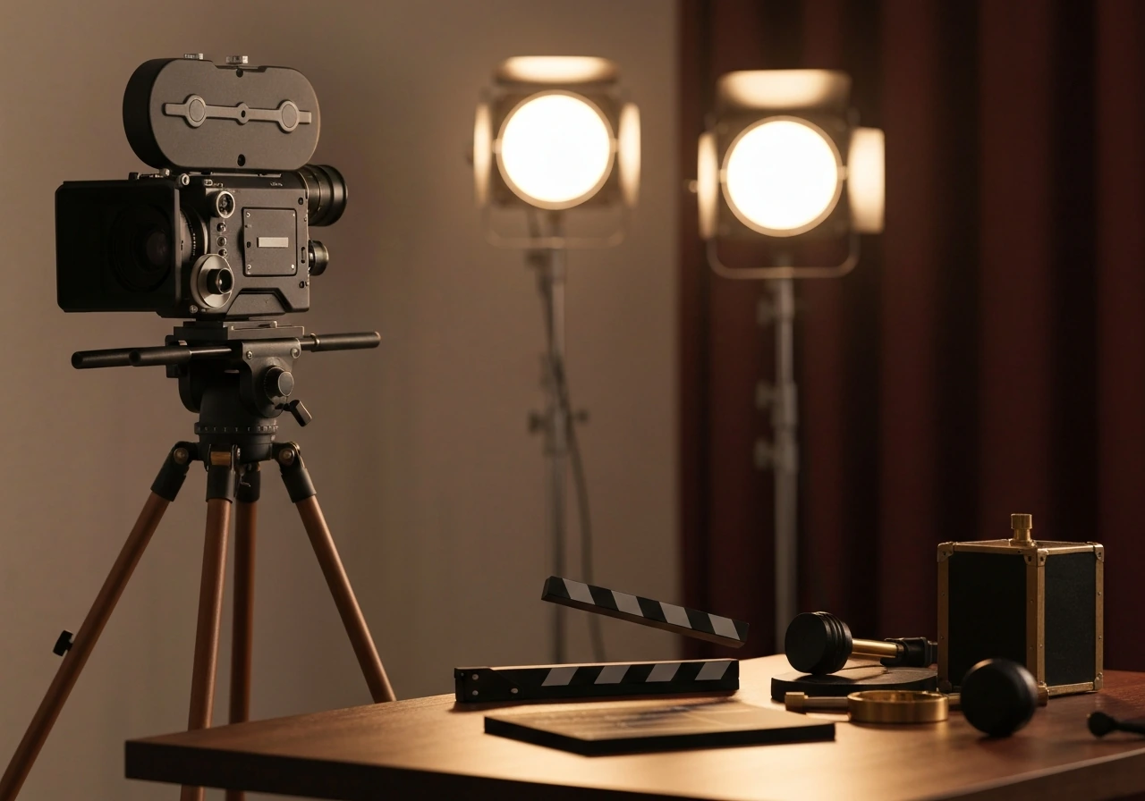 Cinematic film set scene with a film camera and warm lights symbolizing an actor-director career.