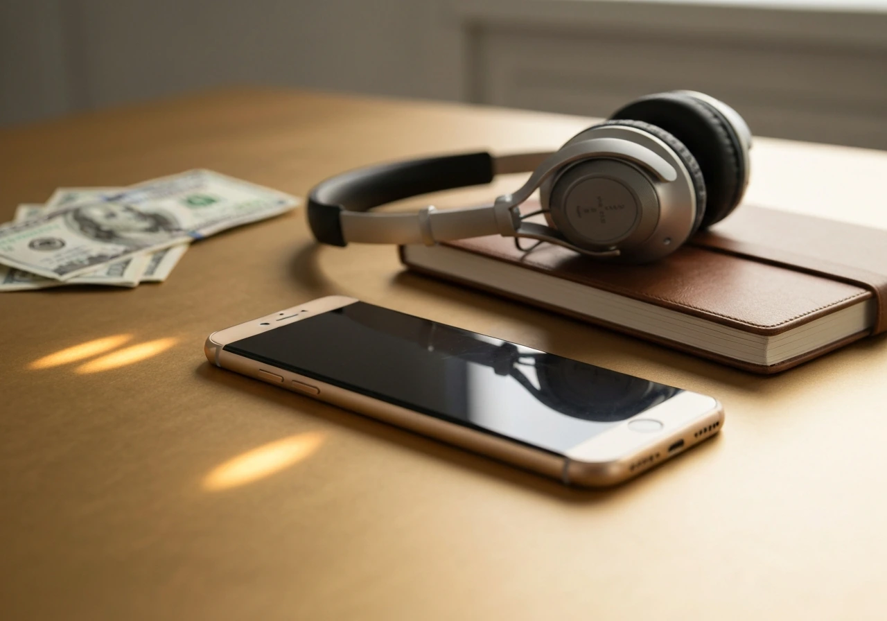 Luxury desk with studio headphones and smartphone, with subtle cash in the background symbolizing net worth
