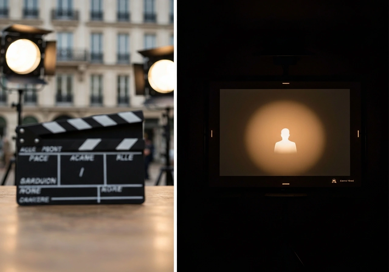 Cinematic split scene of a French film set and movie-still lighting, suggesting acting income.