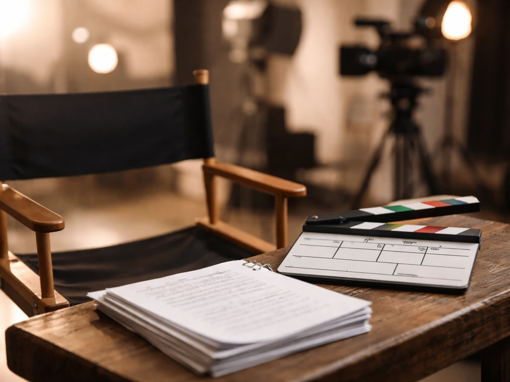 Director’s chair and clapperboard beside a script on a film set table, with a camera blurred in the background.