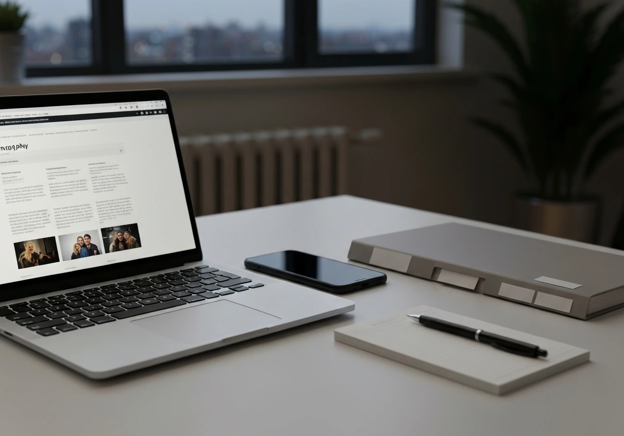 Minimal desk with a laptop and phone beside a notepad, symbolizing verifying a film estimate.