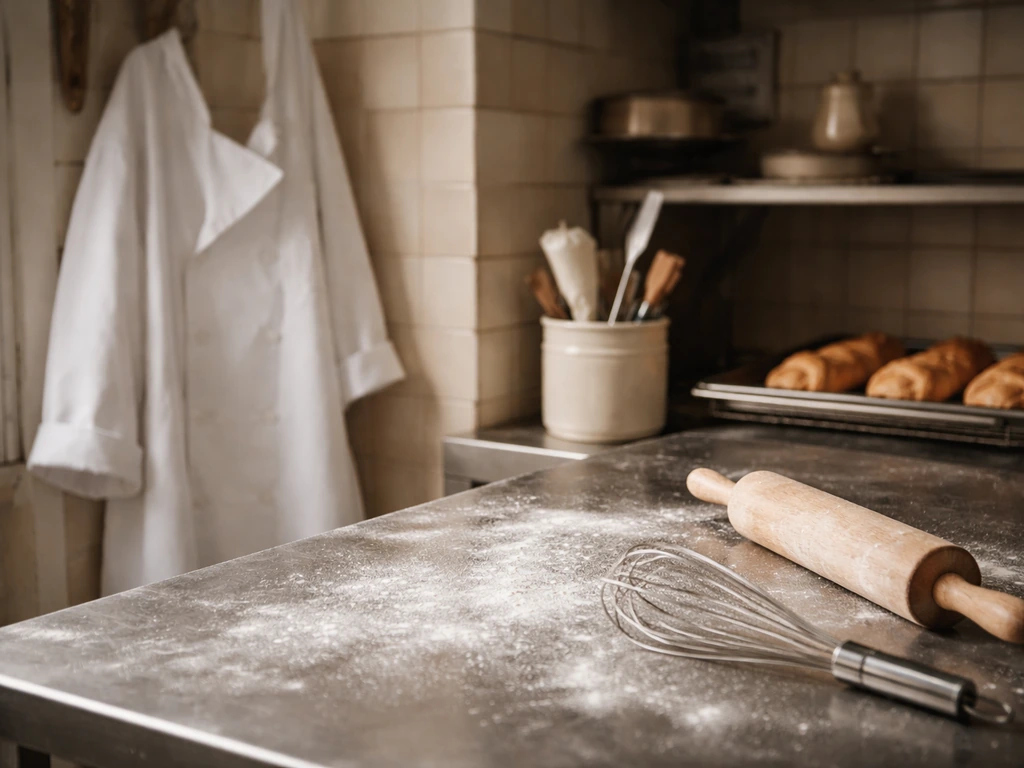 Empty French kitchen counter with chef jacket and pastry tools, softly lit, implying a chef’s career background.