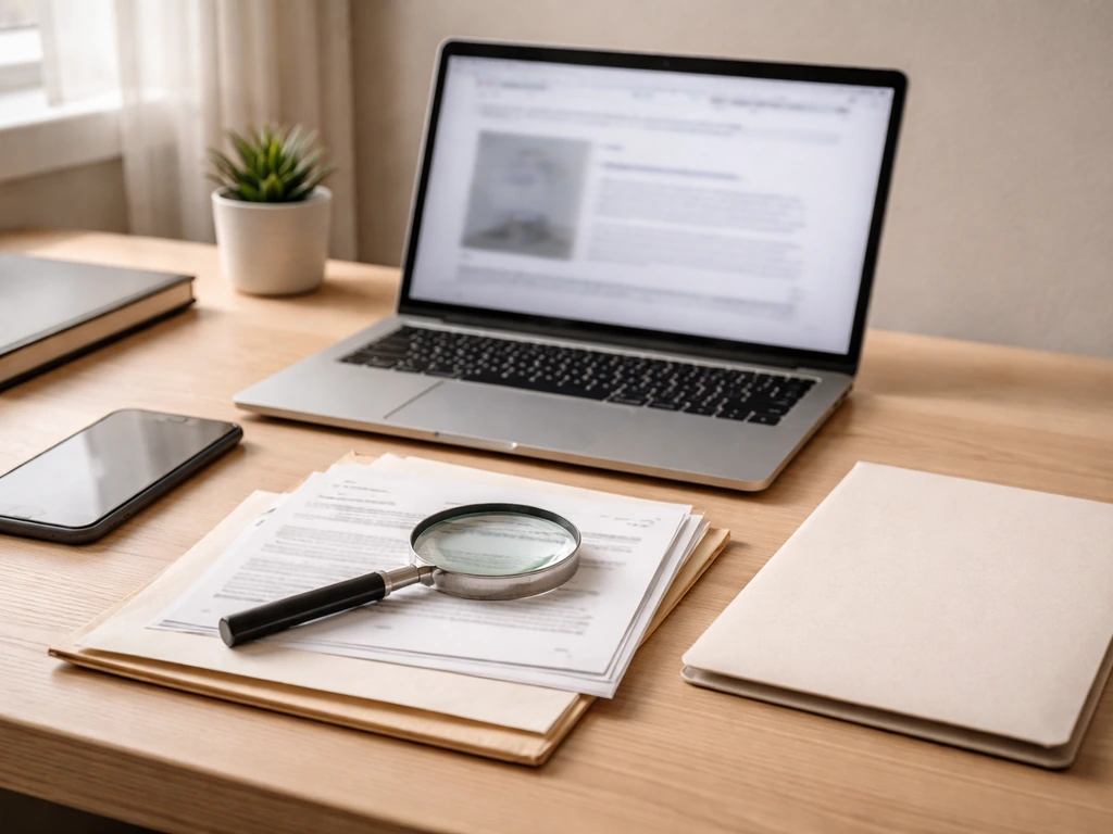 Desk with laptop showing blurred pressroom page, generic public records, and magnifying glass for verification.
