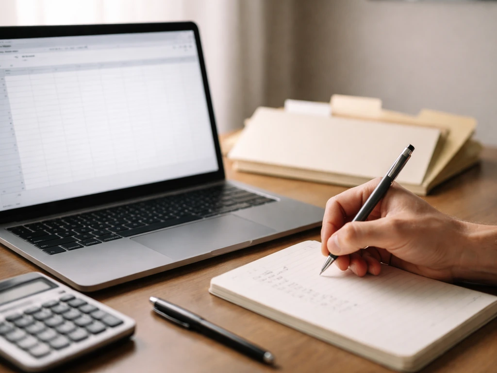 Close-up of a hand writing range estimates on a desk with a laptop and neatly arranged financial folders.
