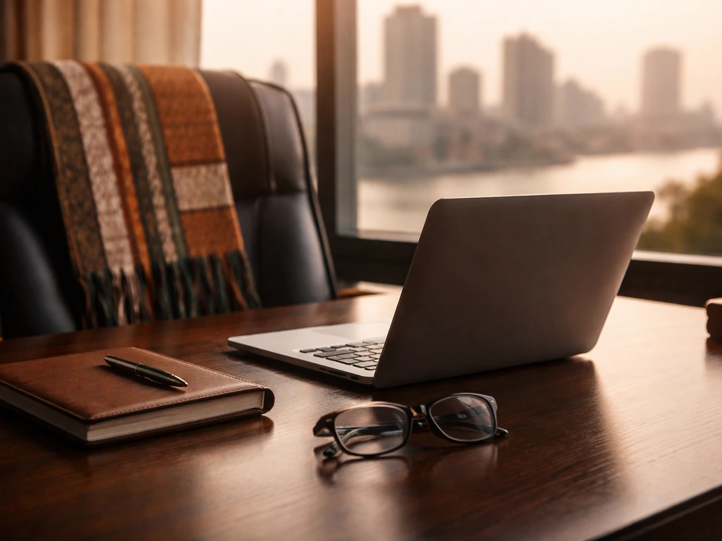 Minimal business office desk with laptop and warm Abidjan skyline view, symbolic corporate finance mood.