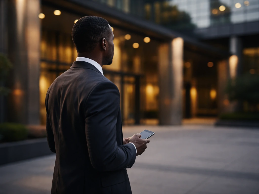 Côte d’Ivoire business office scene with an anonymous suited executive near a bank facade at dusk.