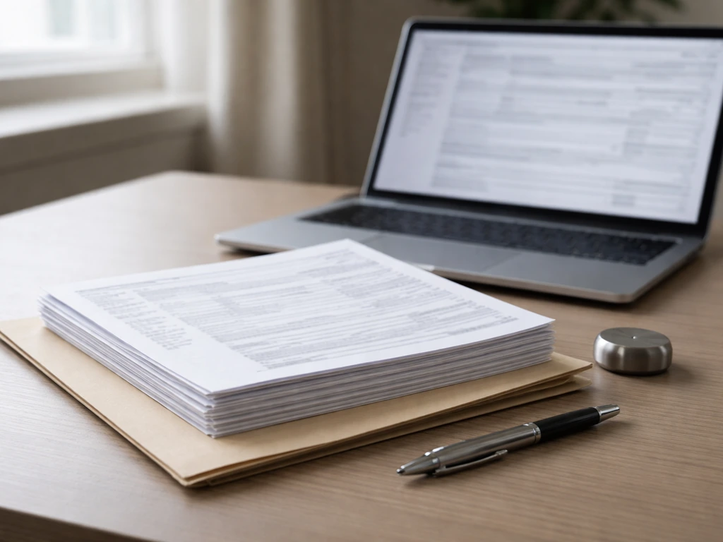 Minimal desk scene with corporate documents and a laptop showing blurred filings related to an insurance and banking gro