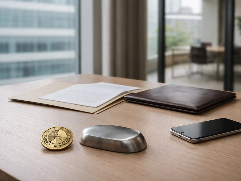 Minimal office desk with blank documents and ownership-themed objects near a window.