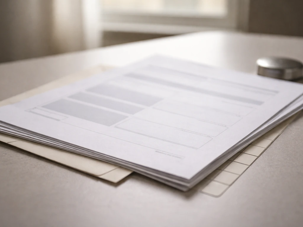 Close-up of unlabeled financial documents with a small timeline-like strip on a desk, suggesting debt and risk.