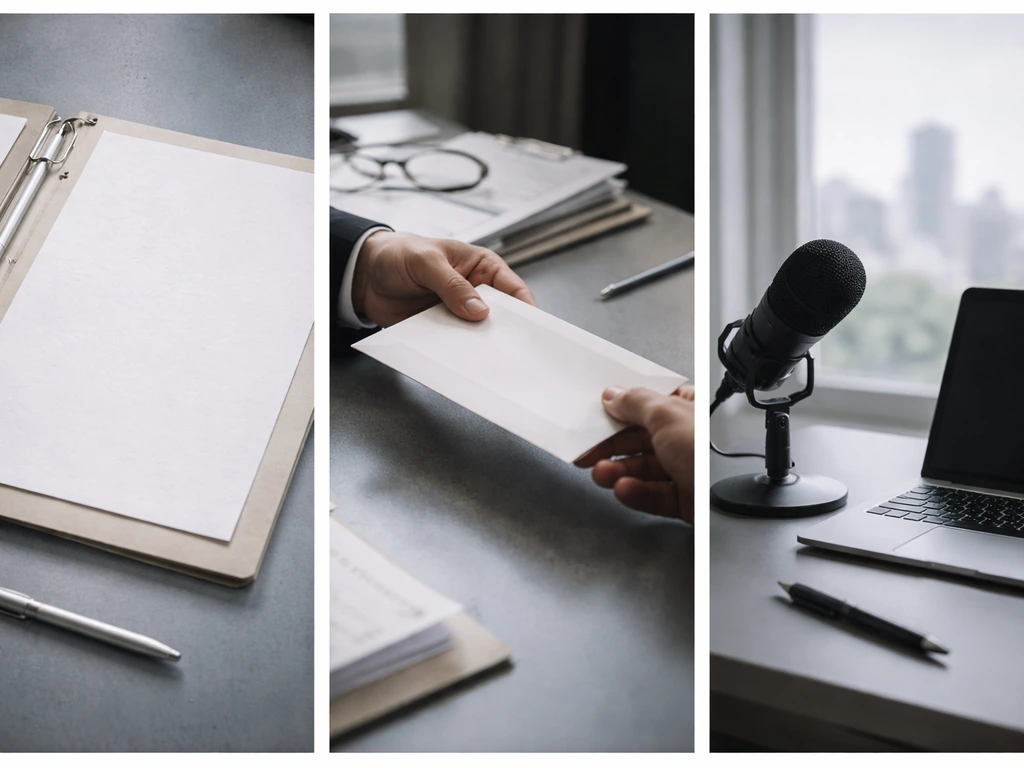 Collage of blank institutional documents, a sealed envelope exchange, and an anonymous office podcast desk.