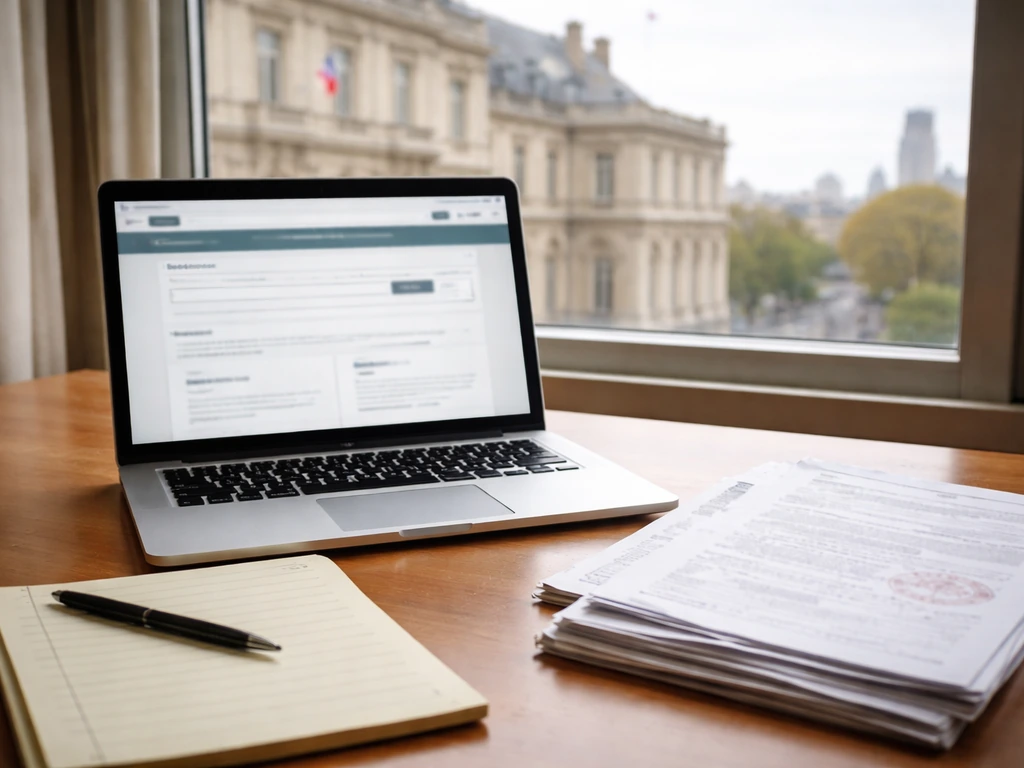 Desk with laptop and official documents suggesting evidence-based net worth research, no readable text.