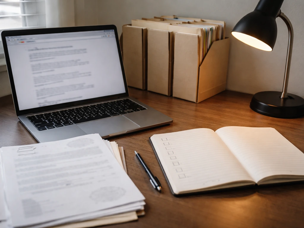 Minimal office desk with laptop and blank notebook checklist for researching financial leads.