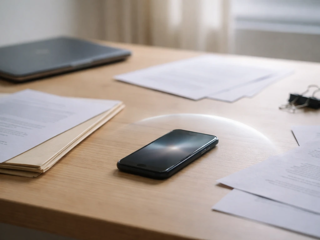 Minimal office desk with blurred papers and a smartphone showing an abstract uncertainty glow, no text