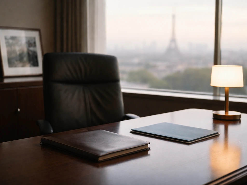 Minimal luxury office scene with a blurred French city skyline and a quiet executive desk symbolizing AXA leadership
