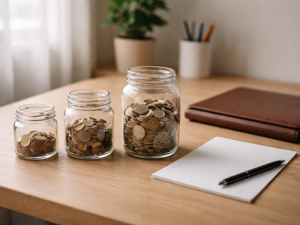 Minimal office scene with three untitled valuation-style objects representing different wealth estimates