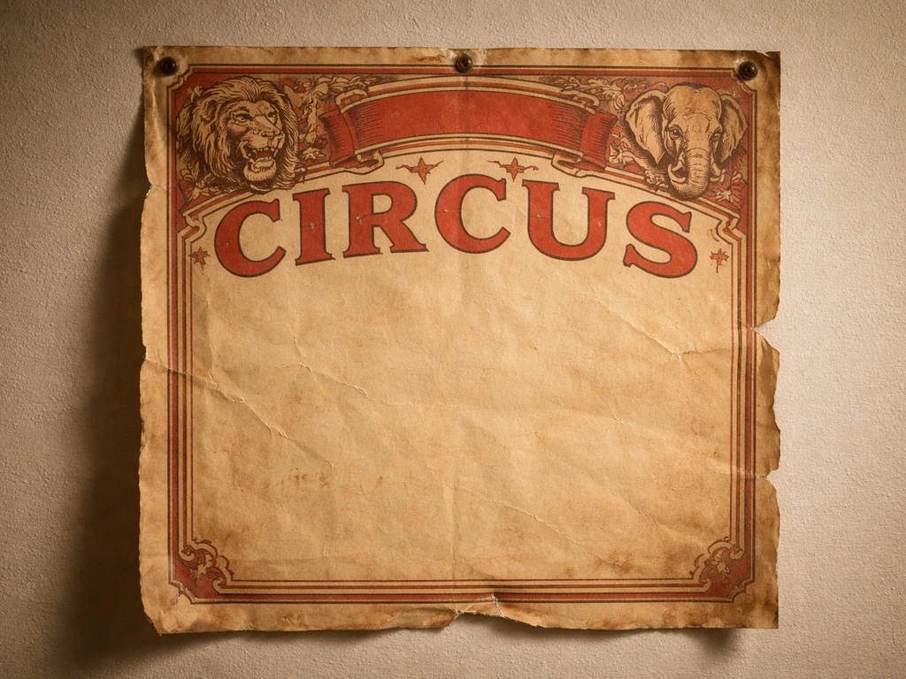 Close-up of an old circus poster with visible vintage typography and worn paper edges