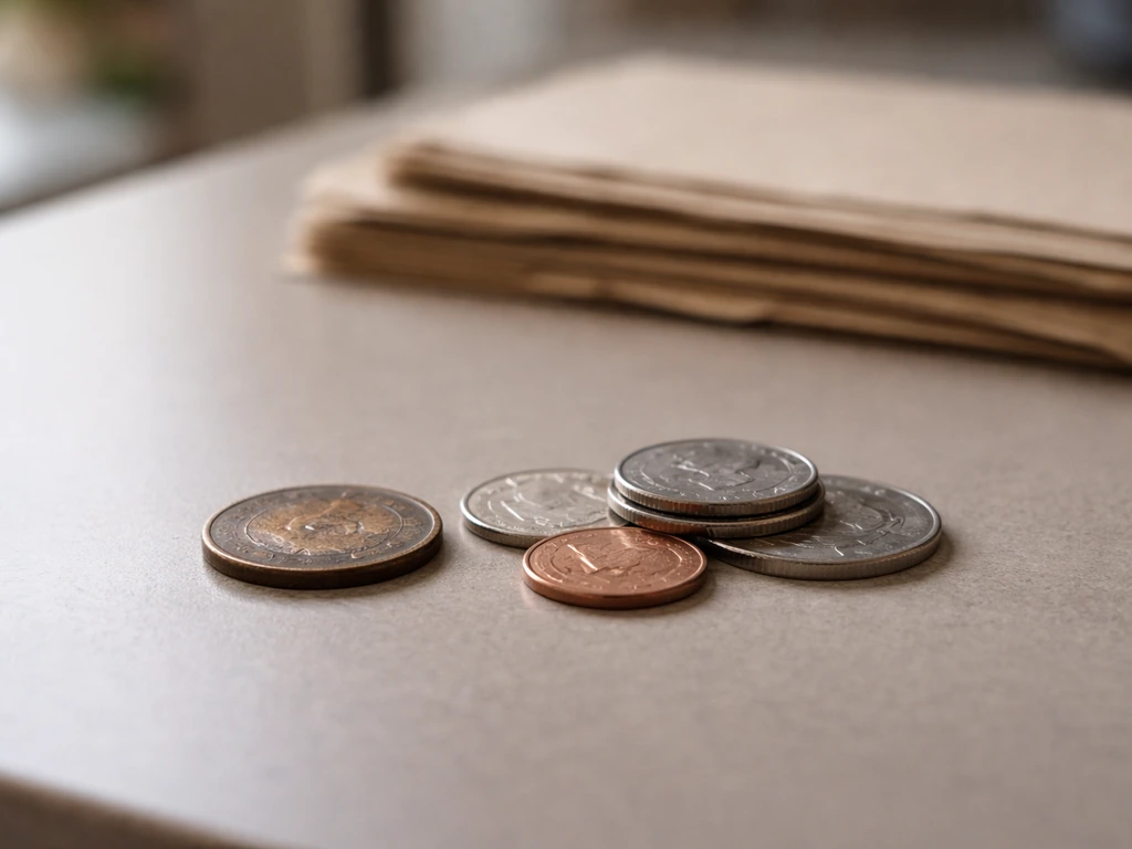 Minimal photo showing an 1890s-style coin beside modern coins on a desk, symbolizing currency conversion.
