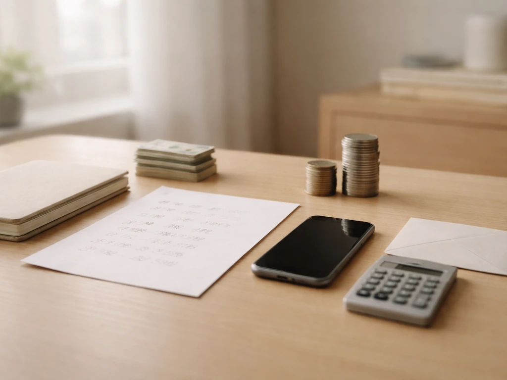 Minimal photo of a finance desk with calculator and papers, suggesting assets minus liabilities concept