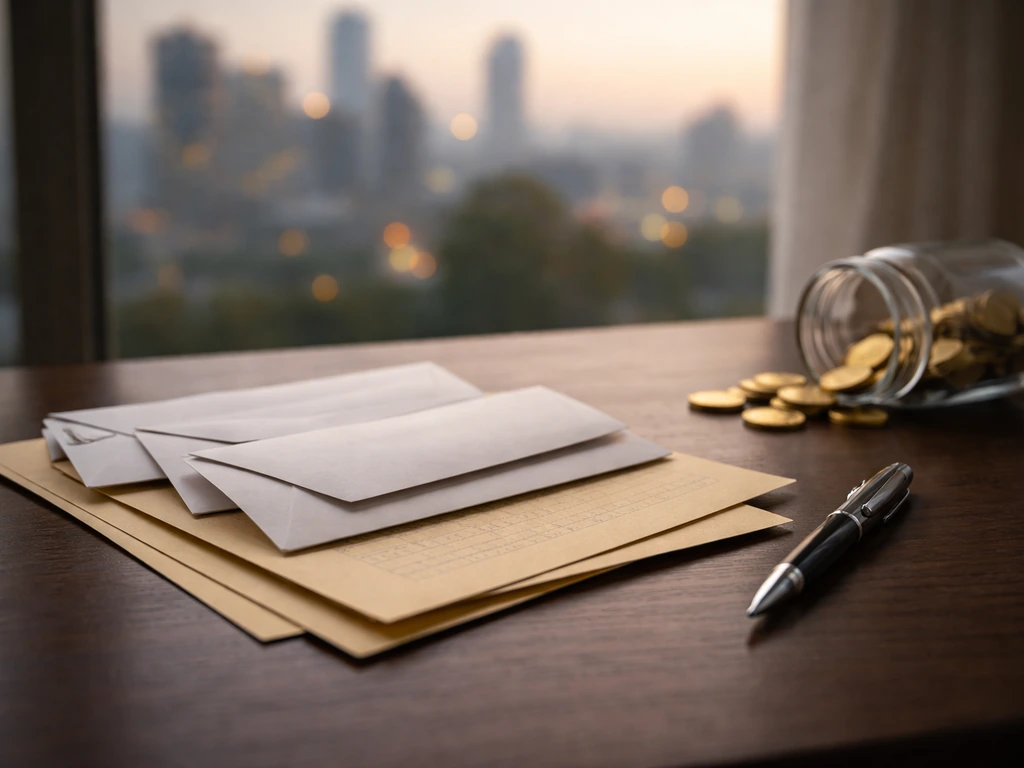 Minimal desk scene with overlapping envelopes, documents, pen, and a few gold coins suggesting wealth sources.