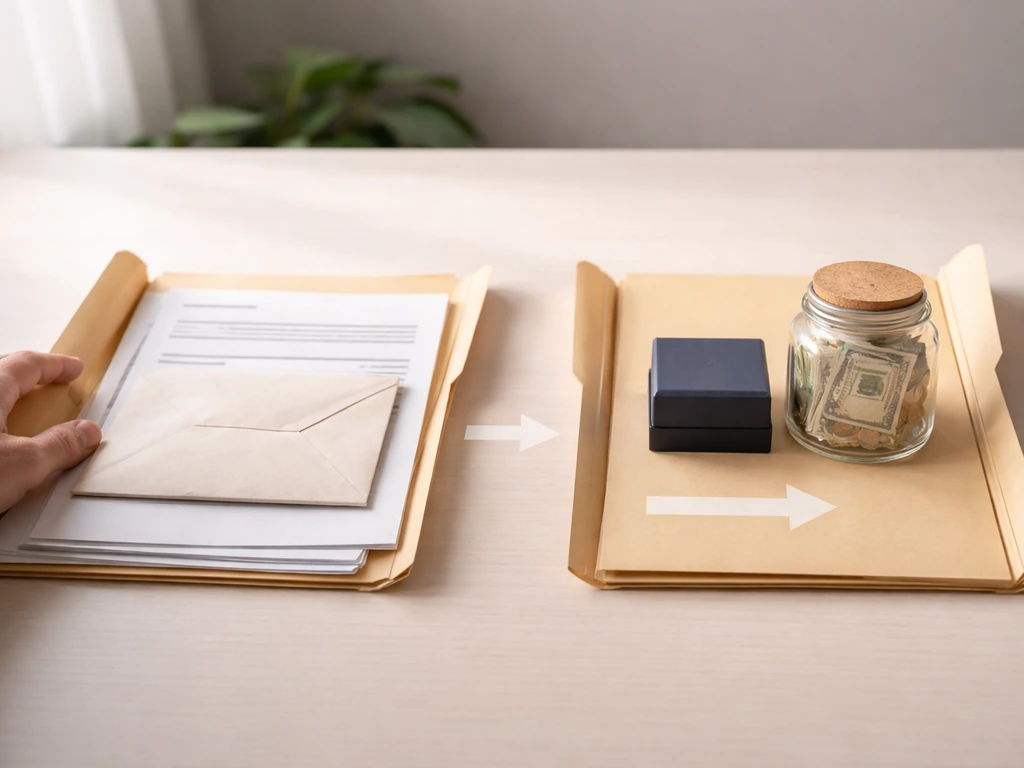 Minimal desk scene with two folders symbolizing compensation vs net worth, with arrows pointing right.