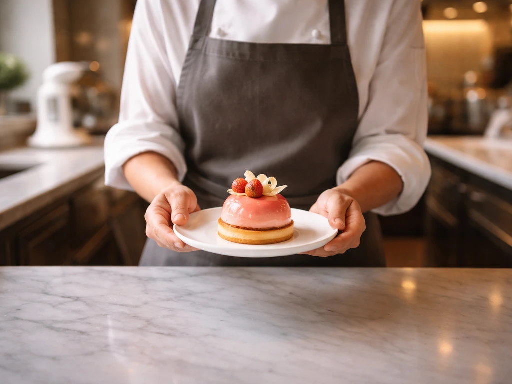 Anonymous pastry chef in a quiet upscale kitchen, soft light and subtle luxury cues