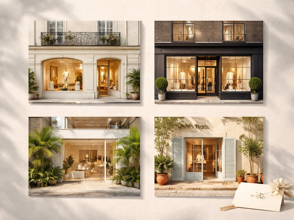 Minimal luxury storefront collage showing Paris, London, Singapore, and Saint-Tropez boutiques.