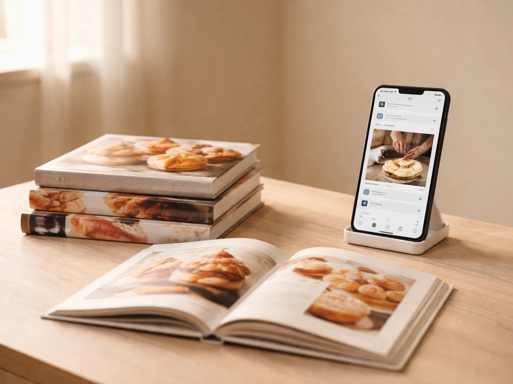 Stack of pastry cookbooks next to a smartphone showing generic social media and video thumbnails.