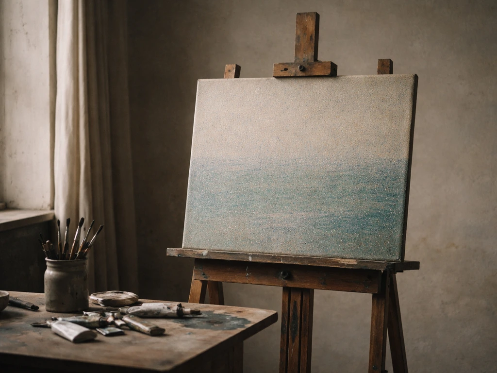 Archival-style photo of an 1880s-era French painter’s studio with soft light and a painting in progress