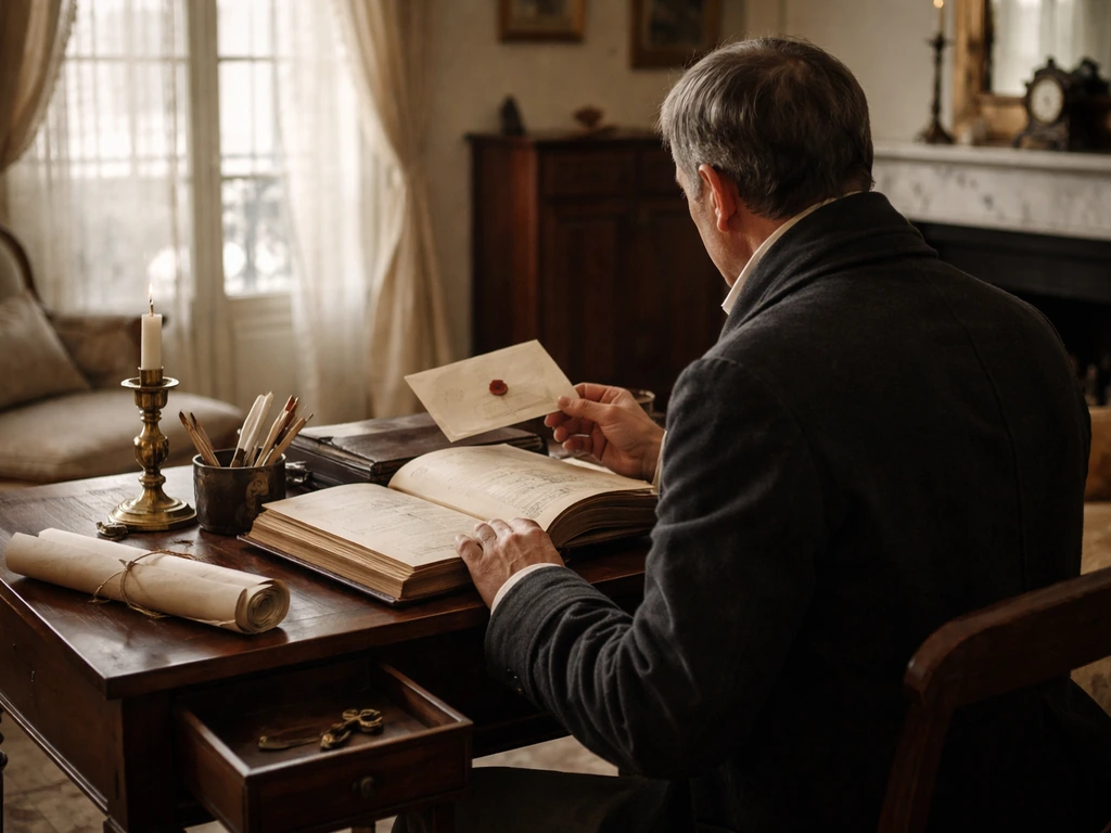 Anonymous man at an early-1800s Parisian desk with ledgers, sealed envelope, and subtle property cues.